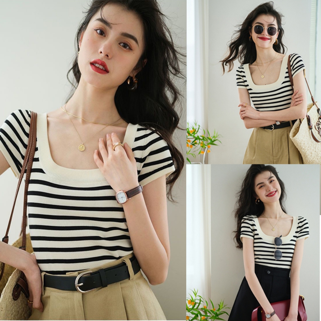 SHMASHOP เสื้อเชิ้ตแขนสั้นผ้าไหมไซส์ใหญ่ M-XL เสื้อเชิ้ตผ้าไหมลายทางขาวดำขนาดพลัสแขนสั้นเสื้อเชิ้ตผ้