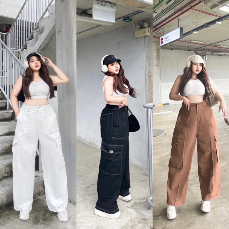 กางเกงขายาวเอวสูงคาร์โก้ สาวอวบ ทรงบอย แต่งตะเข็บคู่ตัดกับสีผ้าสุดเท่ห์ กางเกงคาร์โก้ plussize