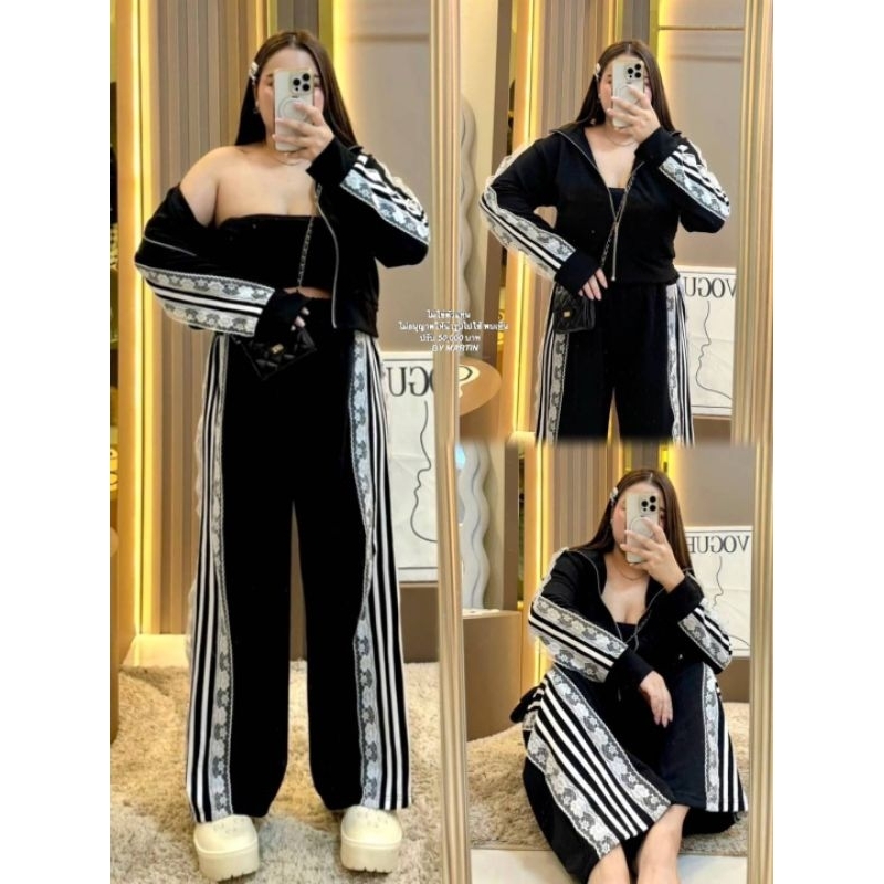 เซ็ต2ชิ้น เสื้อคลุมแจ๊กเก็ตแขนยาว+กางเกงลูกไม้ขายาว #สาวอวบ