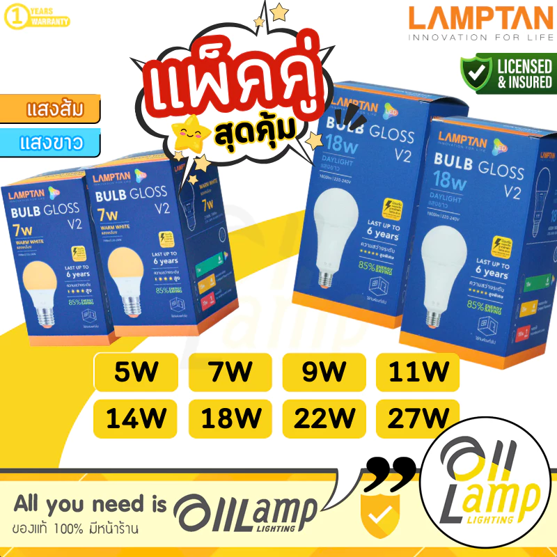 Lamptan [แพ็ค2หลอด] หลอดไฟ LED 5w 7w 9w 11w 14w 18w 22w 27w รุ่น GLOSS V2 ช่วยประหยัดไฟ 85%