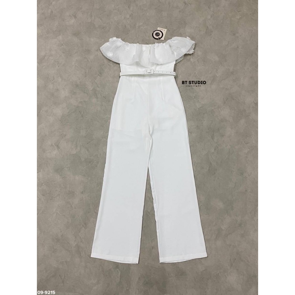 BT 09-9215 เซท 2 ชิ้น จั้มสูทปาดไหล่ ช่วงอกแต่งระบายด้วยผ้าชีฟองแต่งดอกไม้