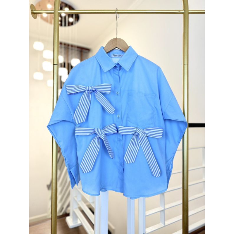 Jai629 เสื้อเชิ้ต แขนยาวแต่งโบว์ด้านหน้า 3 โบว์ เสื้อสีพื้นสวยมากๆ