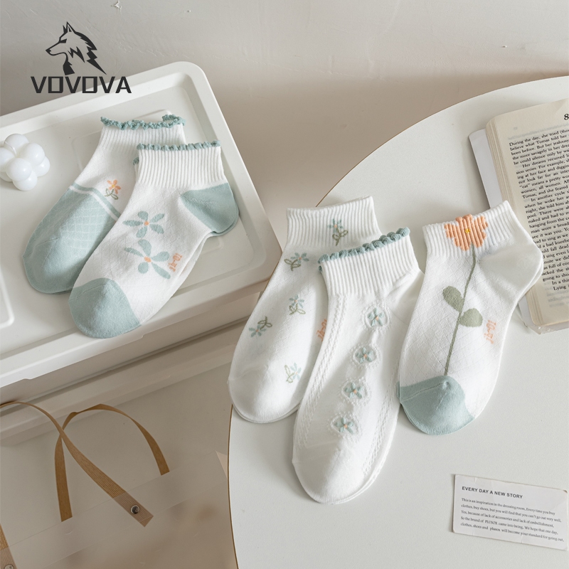 VOVOVA【ห้า คู่】ถุงเท้าสั้นที่มีช่องลม สีเด่น ระบายอากาศดีแฟชั่น ถุงเท้าข้อสั้นลายน่ารัก เนื้อผ้านุ่ม