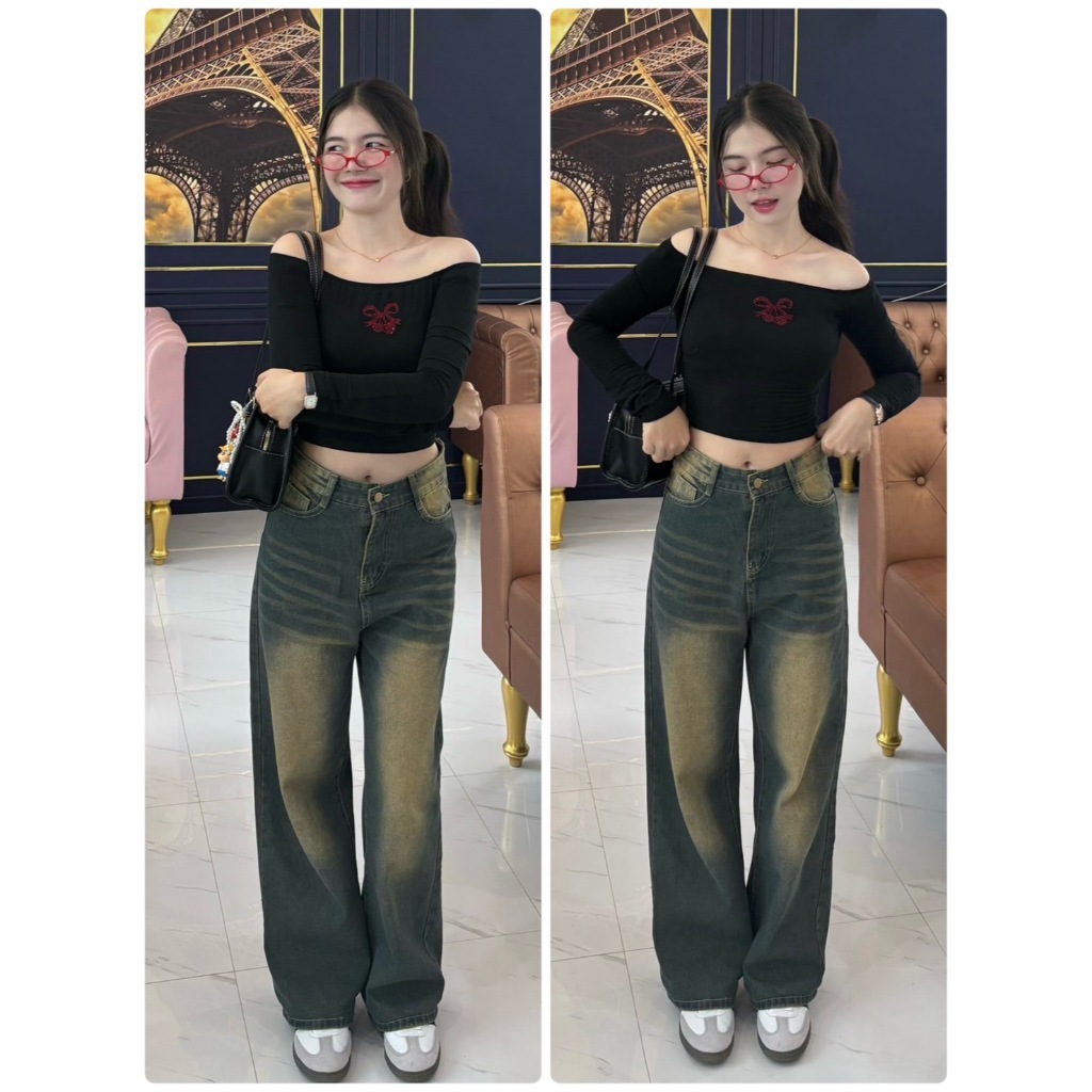V755 กางเกงยีนส์กระบอกลิซ่า เอวสูง (ผ้ายีนส์ไม่ยืด) สีสนิม สีดำฟอก สียีนส์