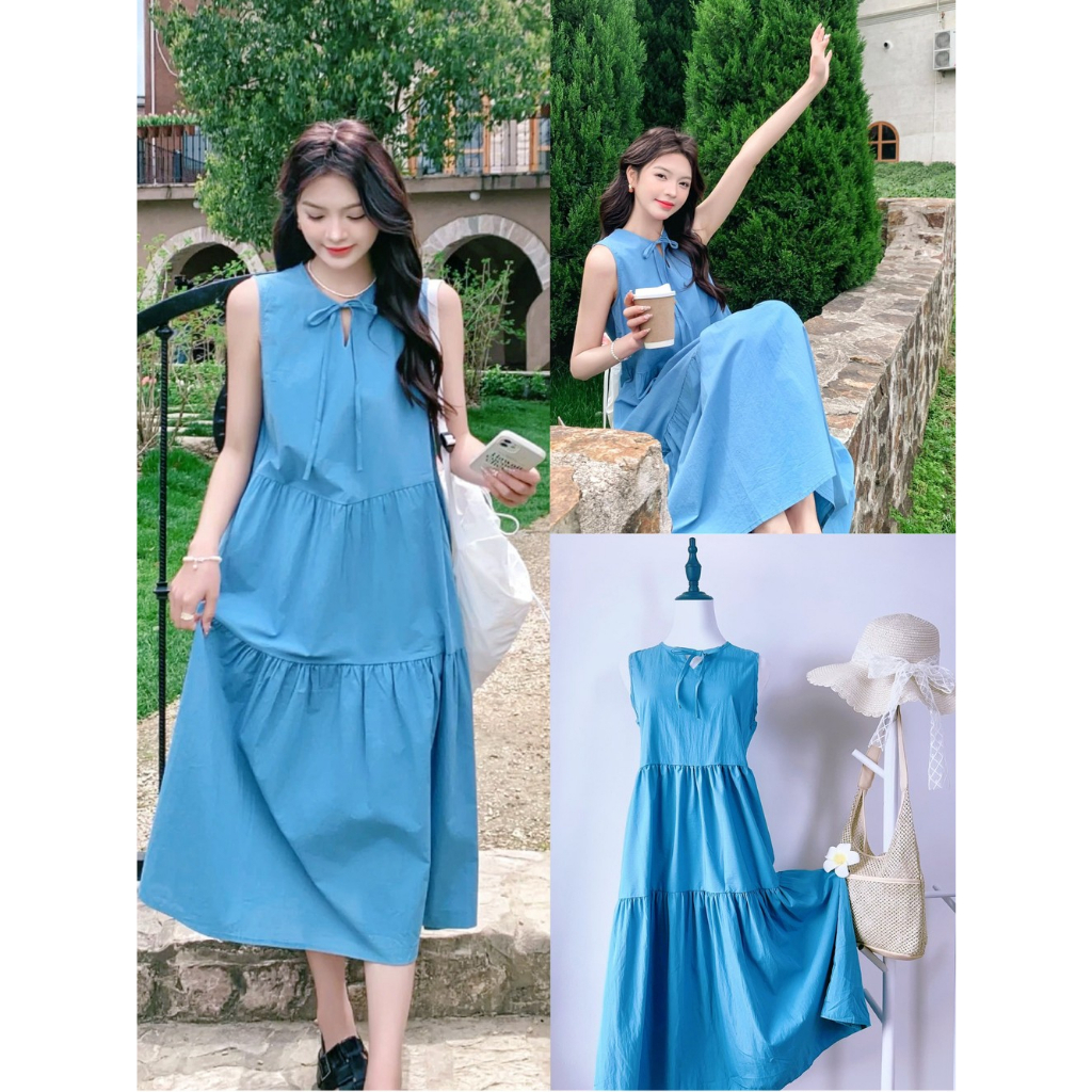 พร้อมส่ง✨ชุดเดรสยาว เดรสคอกลม เดรสแขนกุด ชุดเที่ยวทะเล เนื้อผ้าใส่สบาย เดรสทรงหลวม