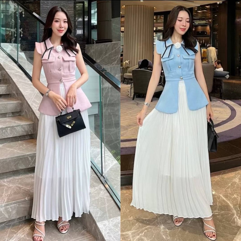 พร้อมส่ง Cherish set ชุดทำงาน ออกงาน เสื้อทรงสูท +กระโปรง ดีไซน์แต่งกระดุมสวยหรู สีฟ้า สีชมพู