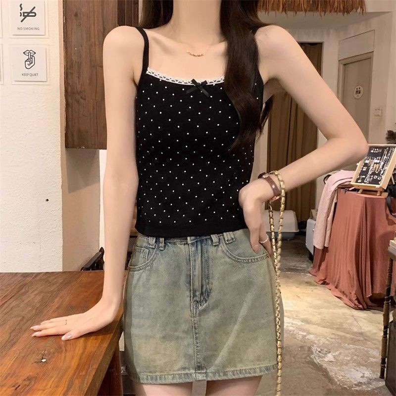 พร้อมส่งในไทย** เสื้อสายเดี่ยวมีฟองน้ำในตัว เสื้อลายจุด ใส่ชิลๆสสบายๆจิ๋วๆ Y165