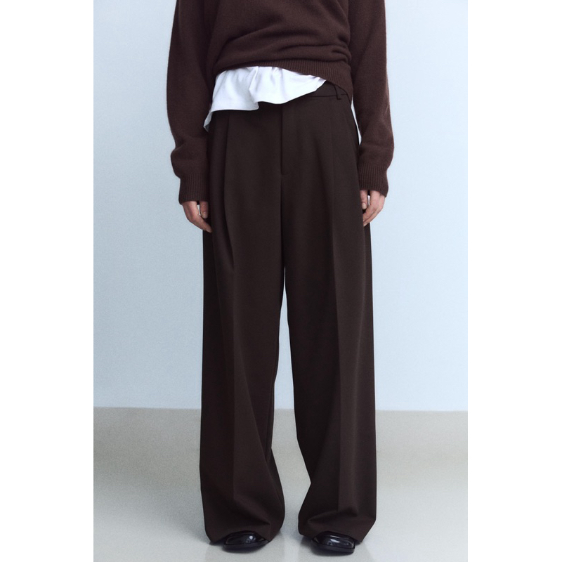 (ของแท้ ) Zara double pleat pants กางเกงขายาวเอวต่ำ สีน้ำตาล/สีดำ