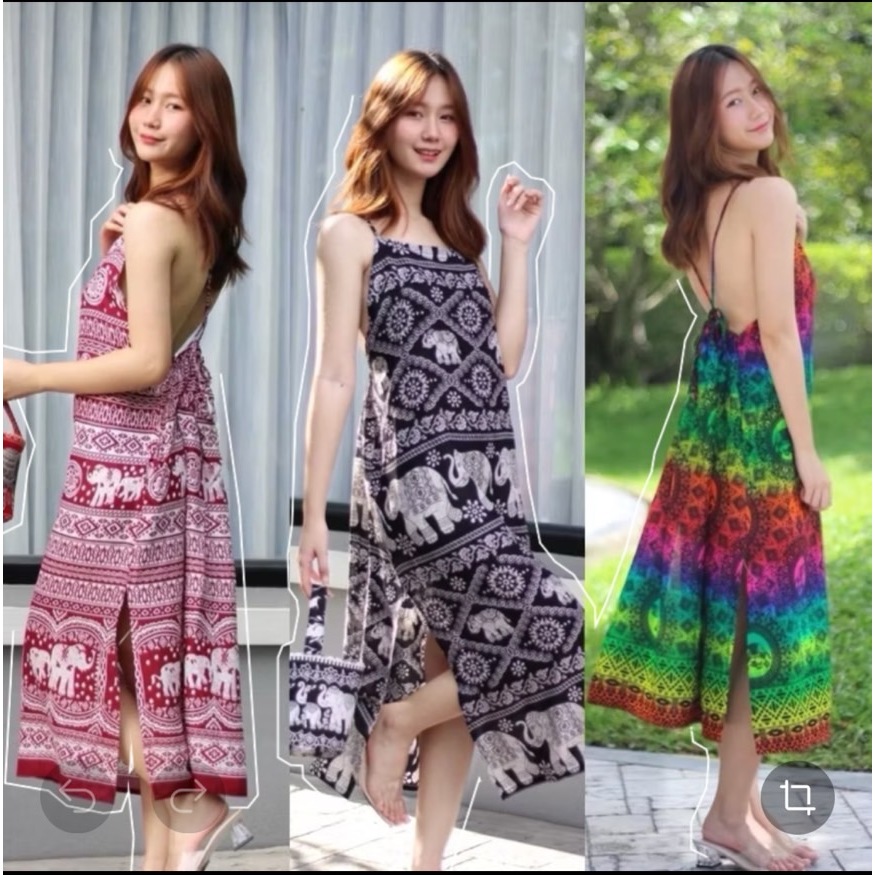 (ร้านค้าส่งไว) เดรสสายเดี่ยว หลังไขว้ ลายช้าง ผ้าสปันไทย พริ้วบางใส่สบาย พร้อมส่ง