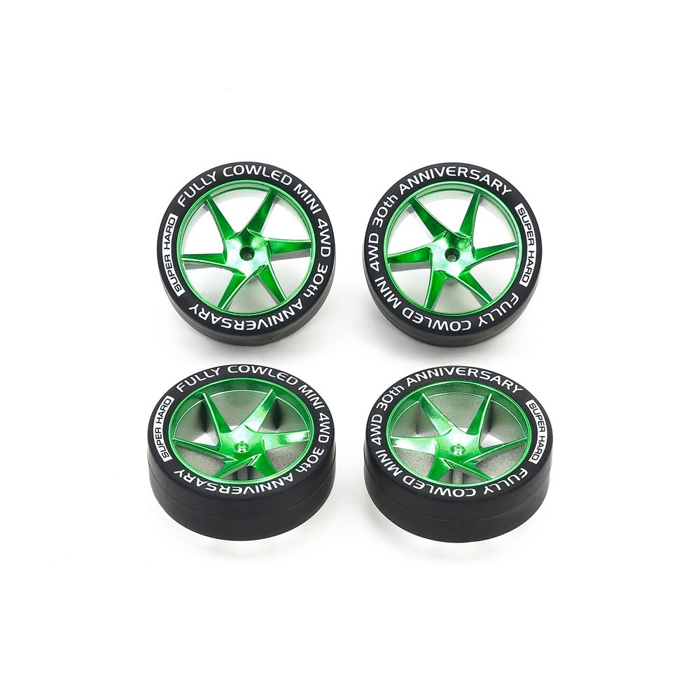 TAMIYA 95666 FULLY COWLED 30TH ANNIV. SUPER HARD LOW PROFILE TIRES & MATTE GREEN PLATED WHEELS
