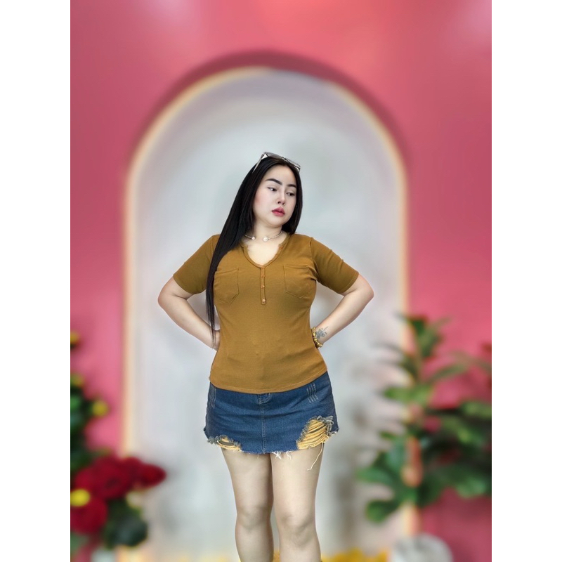 เสื้อสาวอวบร้านแป้งแฟชั่น❤️เสื้อยืดคอวีแต่งกระดุมแขนสั้น อก38-46 ยาว24ผ้าร่องยืด. - รูปที่ 7