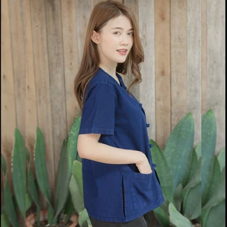 ม่อฮ่อมแพร่ ( เราใส่ใจที่คุณภาพ ) เสื้อหม้อฮ่อม คอกลมกระดุมจีน เข้ารูปหญิง (ม่อฮ่อมแท้ , ม่อฮ่อมหญิง , ม่อฮ่อมเข้ารูป)