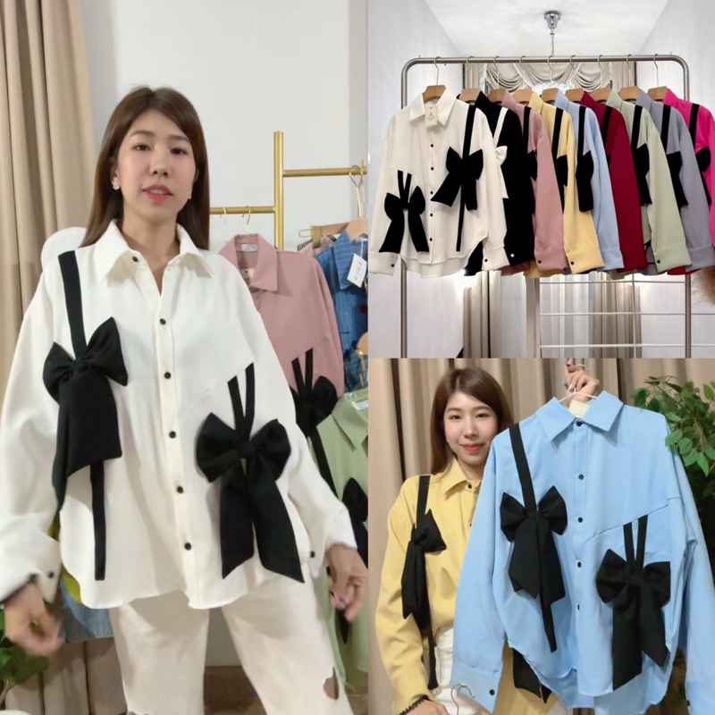 Sunny เสื้อเชิ้ตแต่งโบว์หน้า ทรงOversize สีพื้น&ลายริ้ว ใส่เป็นMinidressได้ เชิ้ตแขนยาวผูกโบว์ใหญ่