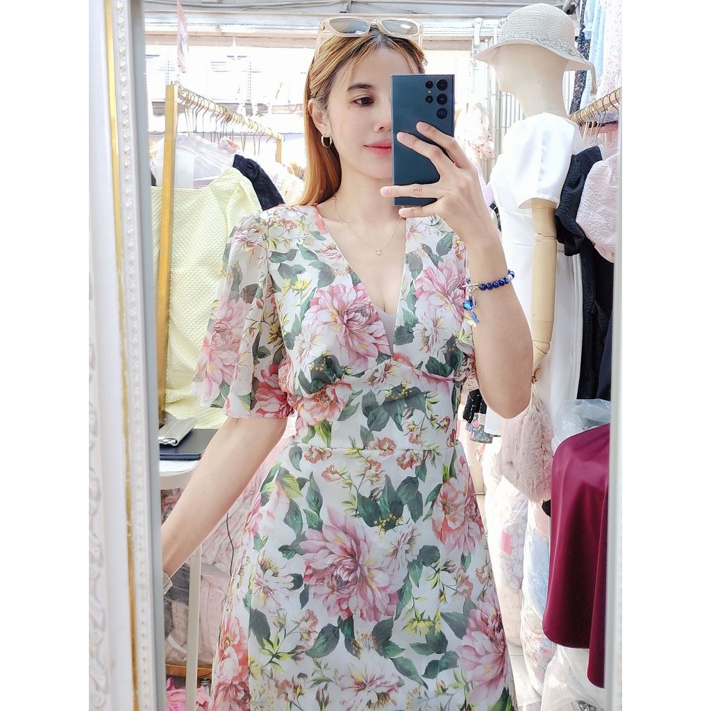 #365# เดรสยาว แขนปีกผีเสื้อปิดต้นแขน คอวีลึก - รูปที่ 5