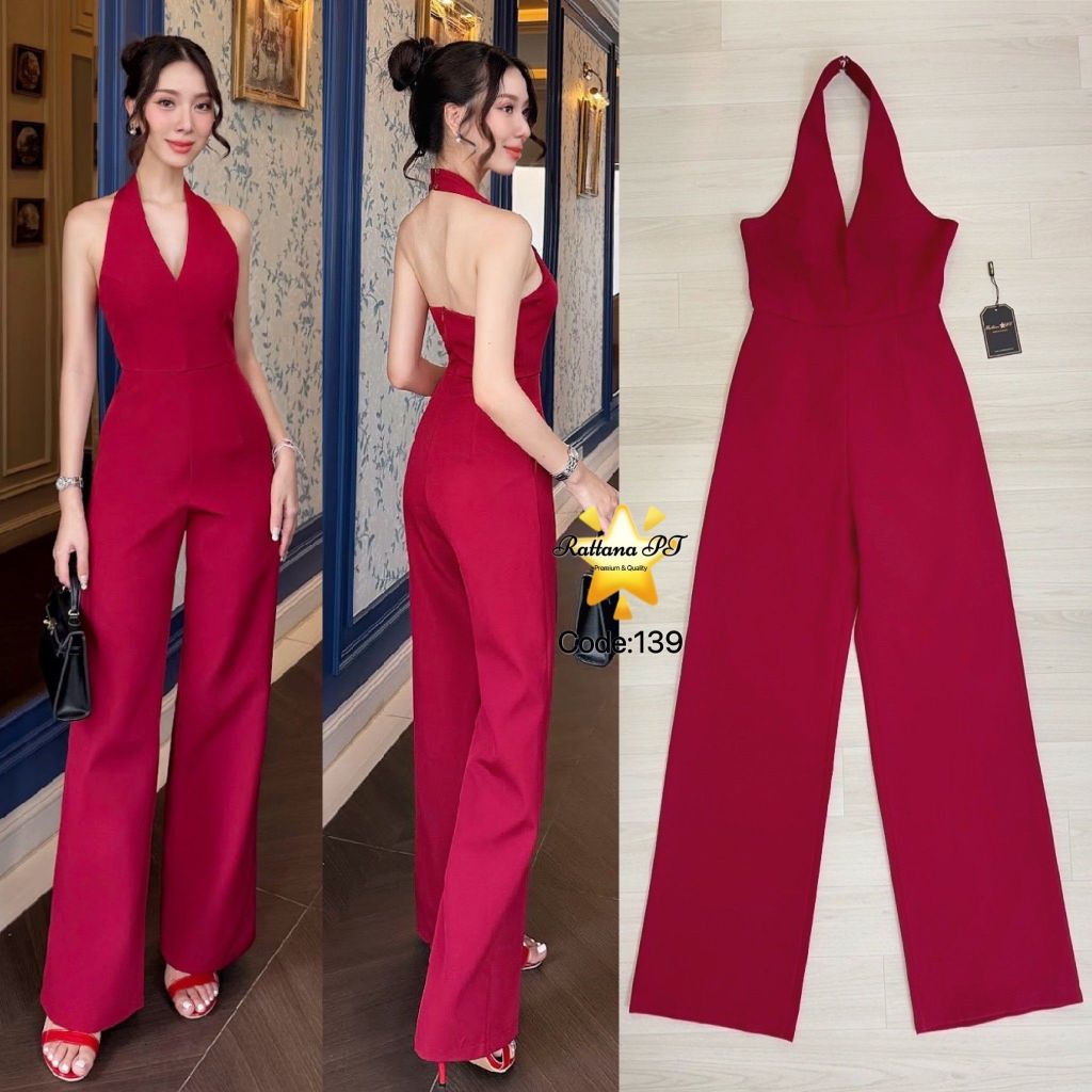 Rattana จั้มสูทคล้องคอกางเกงขายาวสีแดง-RED(*สอบถามสต๊อกก่อนกดสั่งน๊า)