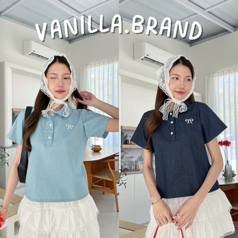 เสื้อยีนส์คอปกปักโบว์ กระดุมช่วงคอ -ttm / VB0490