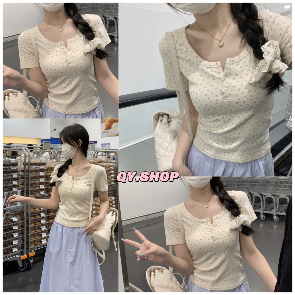 QY.Shop⭐️พร้อมส่ง เสื้อครอปเเขนสั้นสีนวลลายดอกไม้ สไตล์เกาหลี สินค้าราคาพิเศษ⭐️”232-T” ราคา ถูกที่สุด ดีลบีเคเค