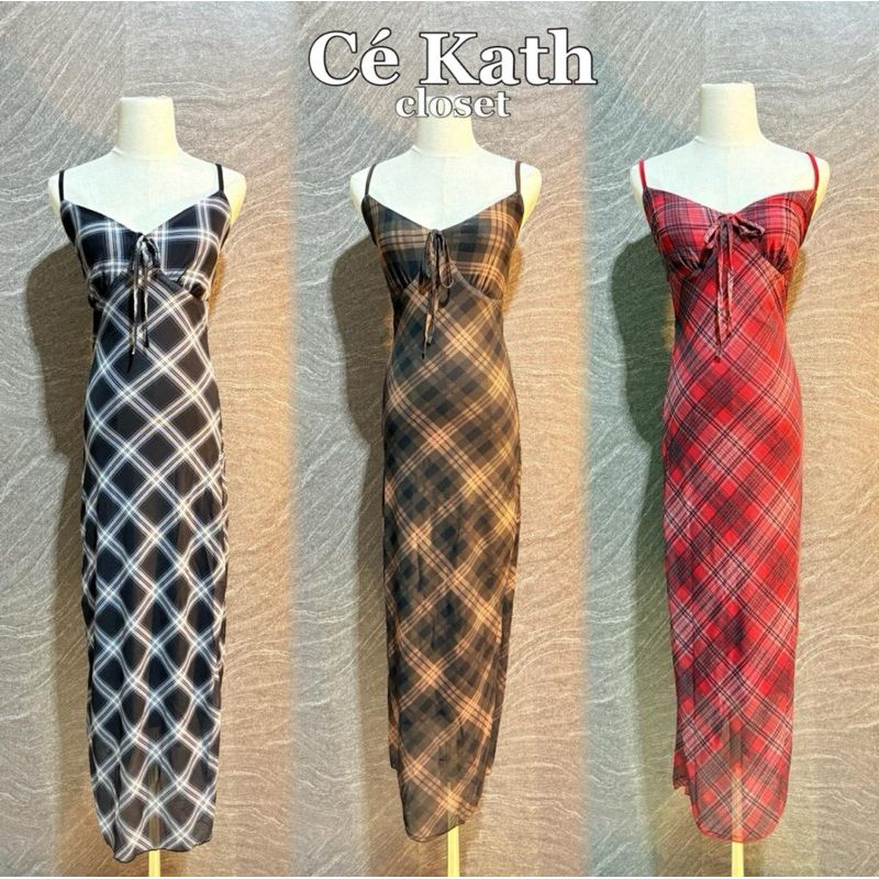 Cekathเดรสสายเดี่ยวยาวเกาหลีลายสก็อต LK8