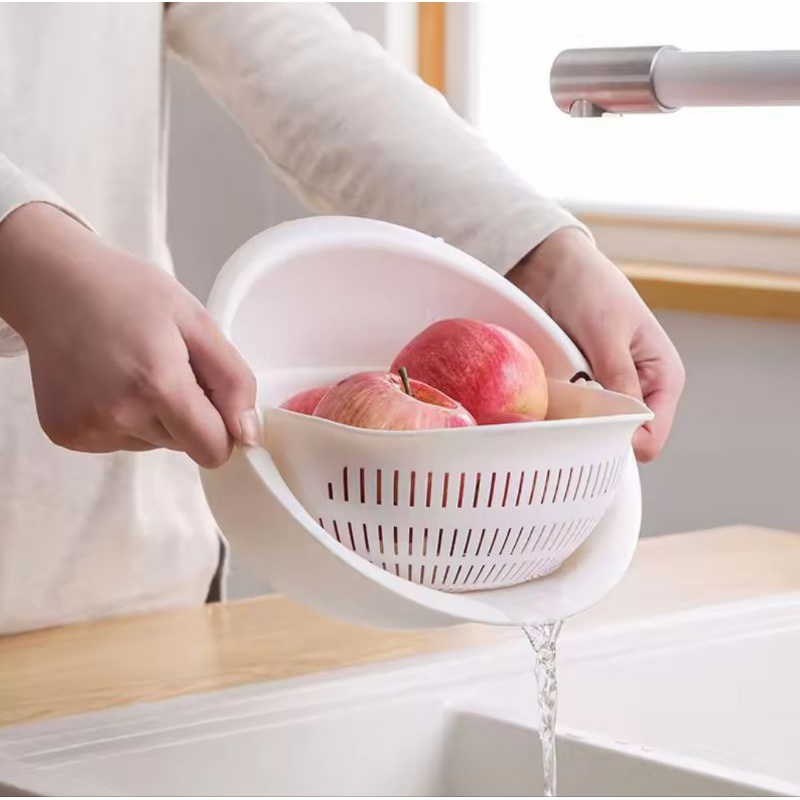 ตะกร้าล้างผัก กะละมังล้างผัก ตะแกรงล้างผัก ชาม 2 ชั้น อุปกรณ์ใช้ในครัว สะดวกสบายในการทำความสะอาดผักผลไม้