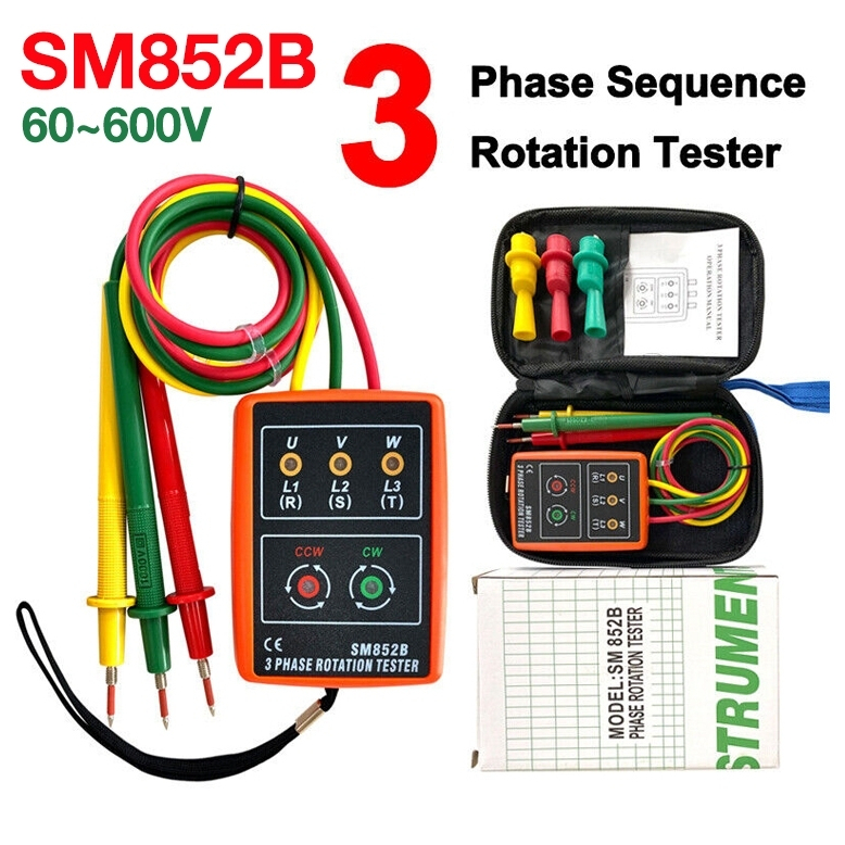 มิเตอร์วัดเฟสไฟฟ้า เครื่องวัดเฟสไฟฟ้า 3เฟส แสดงผลด้วยไฟ LED รุ่น SM852B Indicator Detector Meter 3Phase Rotation Tester