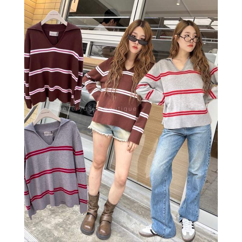 Basic stripe knitting (390฿) เสื้อไหมพรมแขนยาว คอวี ดีเทลทอลายทางสลับสีกันได้อย่างลงตัว ทรงเป๊ะ สวยเรียบหรู valen