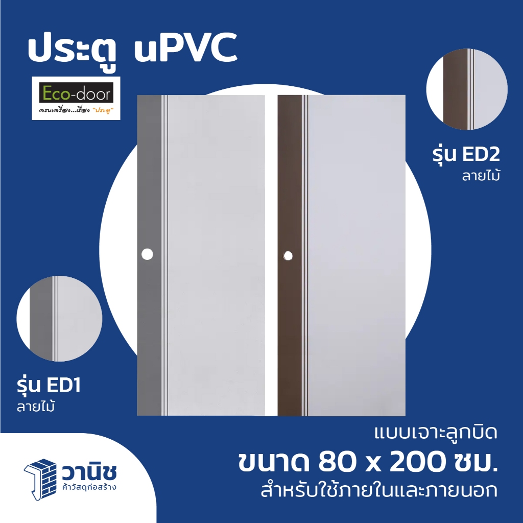 ประตู uPVC Eco-door รุ่น ED มี 2 รุ่น ED1, ED2 ขนาด 80 x 200 ซม. แบบเจาะลูกบิด สำหรับภายในและภายนอก | กันแดด 100% กันน้ำ
