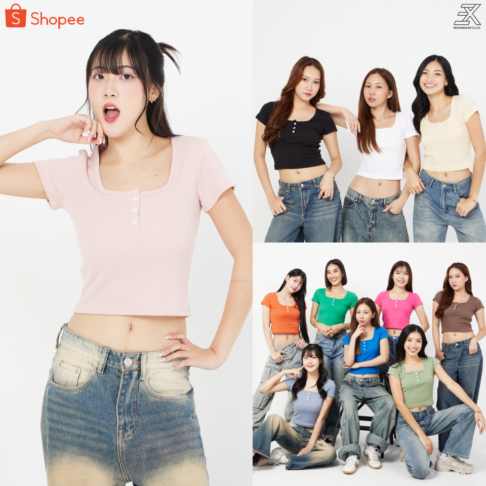 Expogarment เสื้อยืด คอกระดุม เบบี้ที BabyTee คอเหลี่ยม ครอป เอวลอย ผ้าร่อง แขนสั้น Crop Top BT005