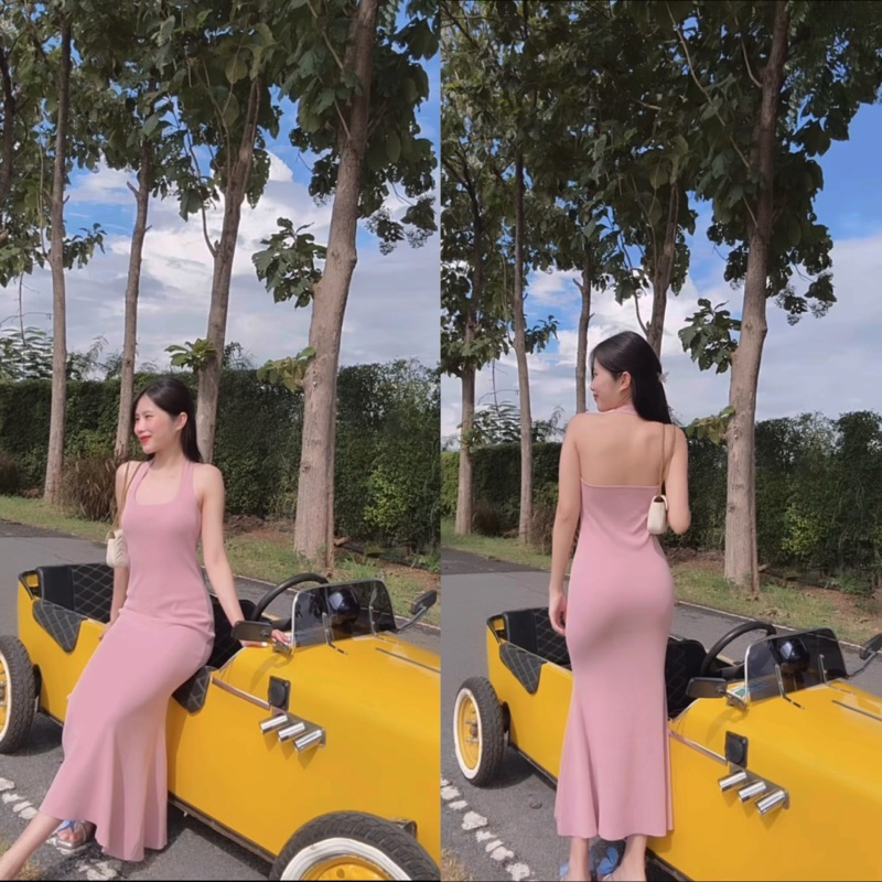 KANYA - JENNER DRESS[6968] เดรสไหมพรม คล้องคอเปิดหลัง ปลายกระโปรงหางปลา (6K) / (14J)