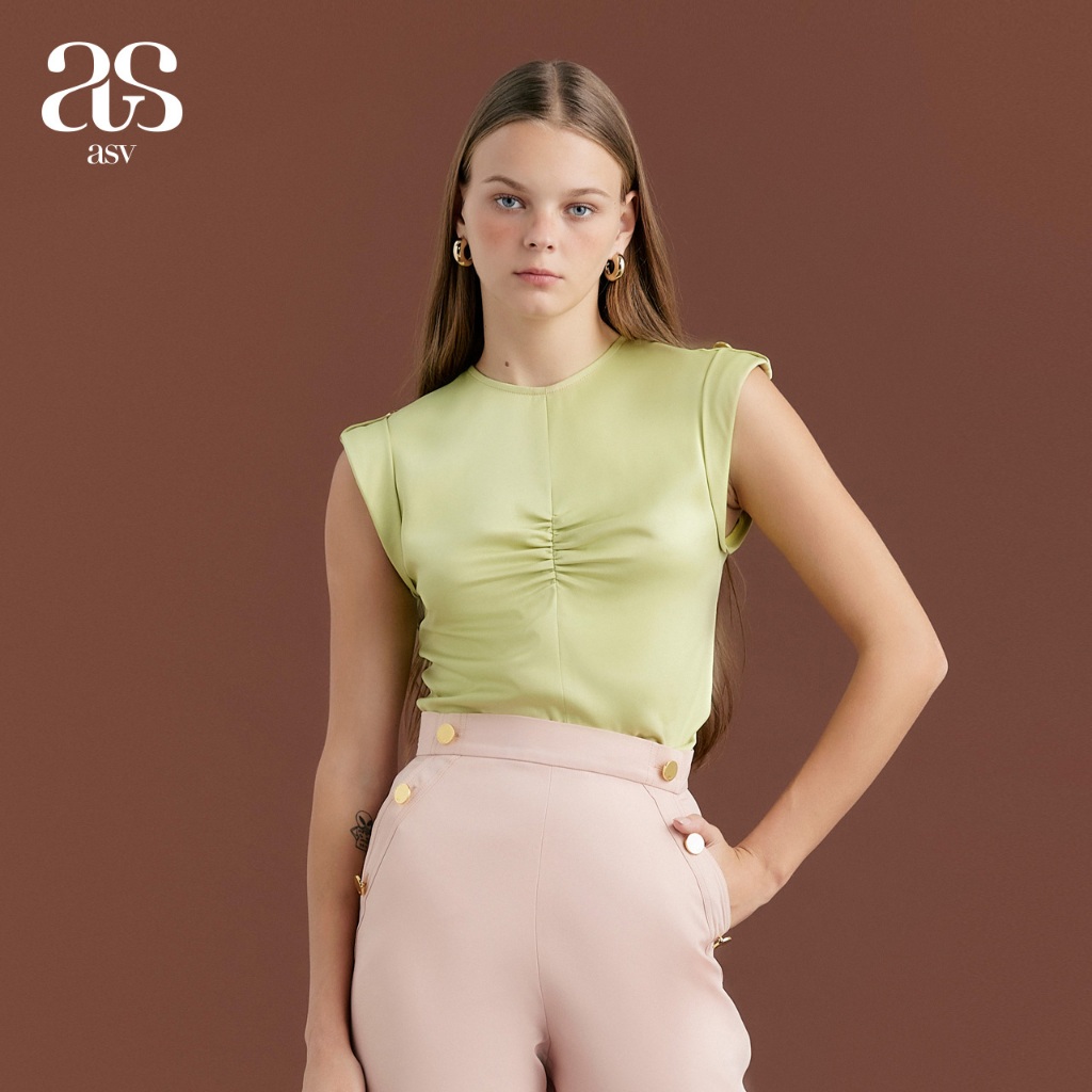 [asv aw24] Gemy Ruched Top เสื้อผู้หญิง คอกลม แขนกุด แต่งจับจีบด้านหน้า ผ้าโพลีเอสเตอร์