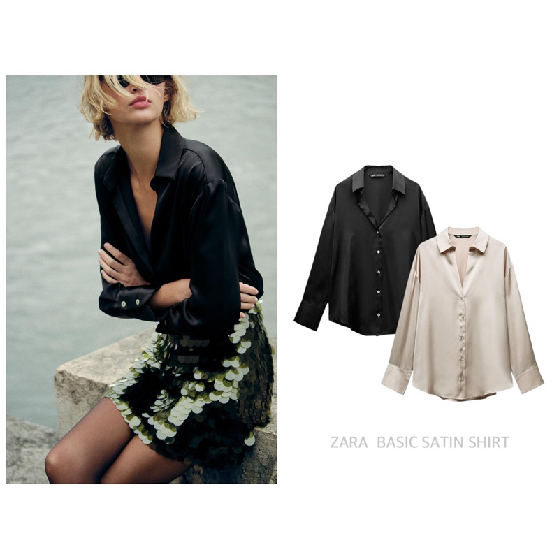 ZARA เสื้อเชิ้ตผ้าซาติน คอปก แขนยาว BASIC SATIN SHIRT (B0104)