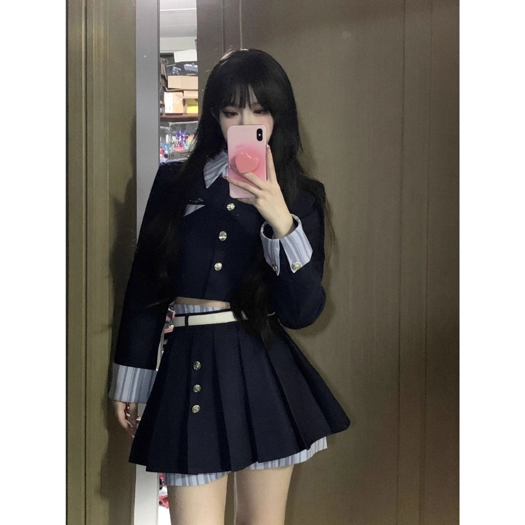 ✨In Stock✨ เกาหลีวิทยาลัยลมชนสีปลอมสองชิ้นด้านบน + เอวสูงจีบกระโปรงสองชิ้น - รูปที่ 6