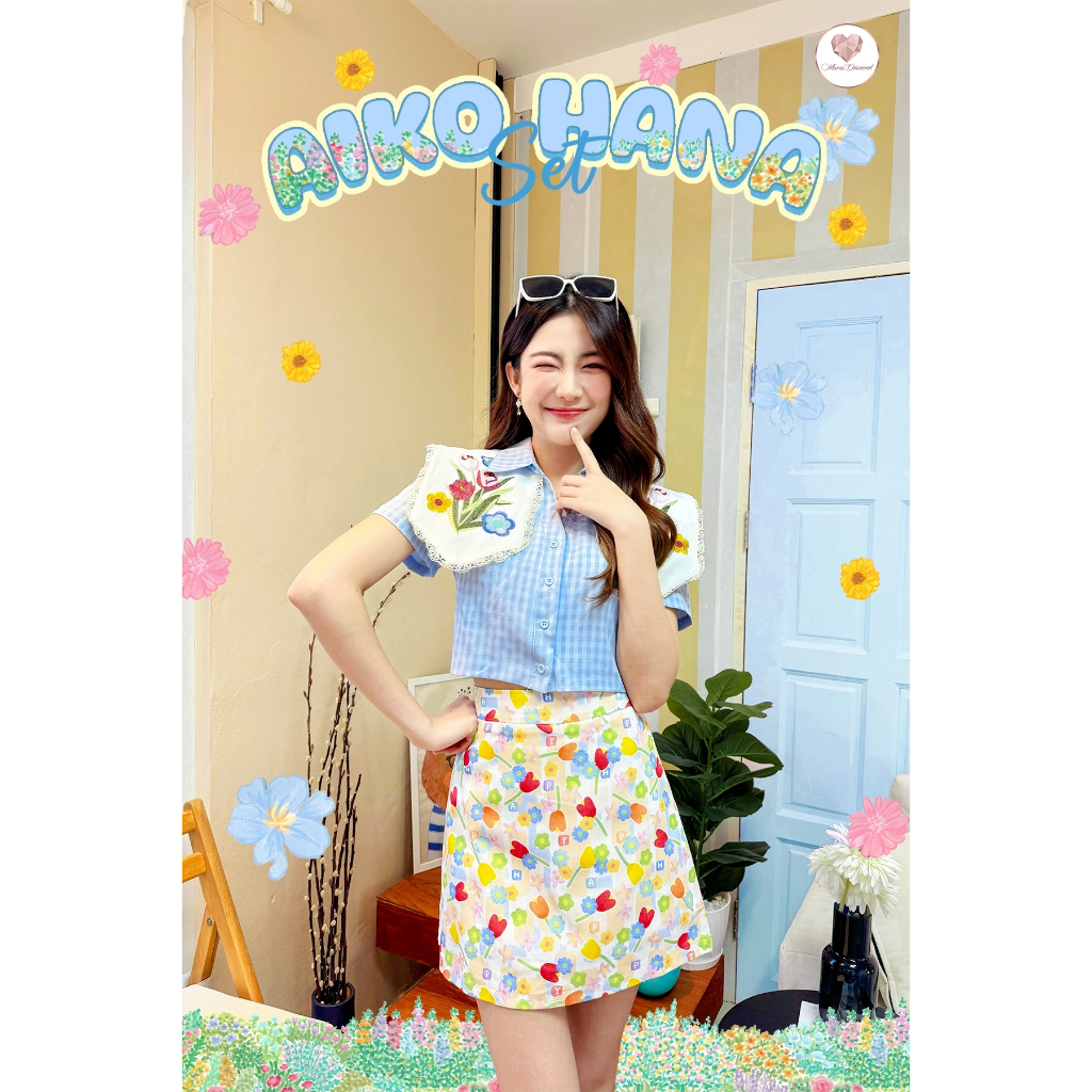 (มี2XL) Aiko Hana Set เซ็ต 2 ชิ้น เสื้อเชิ้ตกระดุมหน้าปกวินเทจงานปัก + กระโปรงยีนส์พิมพ์ลายซับกางเกง