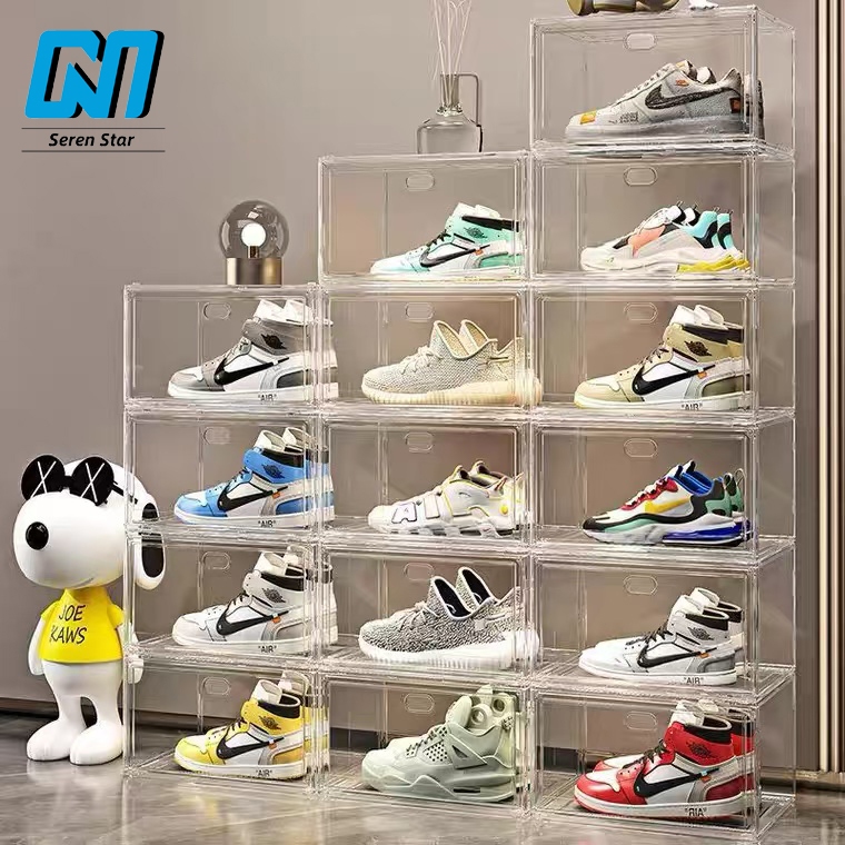 วัสดุแบบอะคริลิคใส tower shoe box ออกแบบฝาหน้าแม่เหล็ก เก็บวางรองเท้า กล่องรองเท้าพับได้ กล่องรองเท้าพับได้เก็บรองเท้า