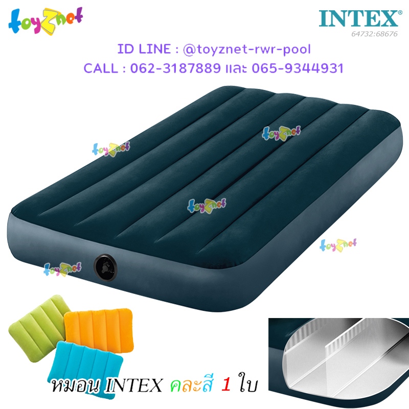 Intex ที่นอนเป่าลม ดูรา-บีม 3.5 ฟุต (ทวิน) 0.99x1.91x0.25 ม. สีเขียวมิดไทน์ รุ่น 64732 + หมอนเป่าลม 1 ใบ (คละสี)