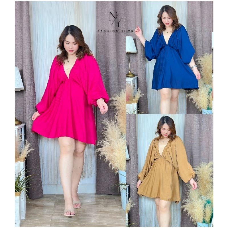 ใหม่.มินิเดรสแขนยาว คอวีลึกสวยเซ็กซี่สาวอวบ Free size:36 - 48 นิ้ว.ใส่สวย เป็นผ้าไหมซาตินเนื้อดี.
