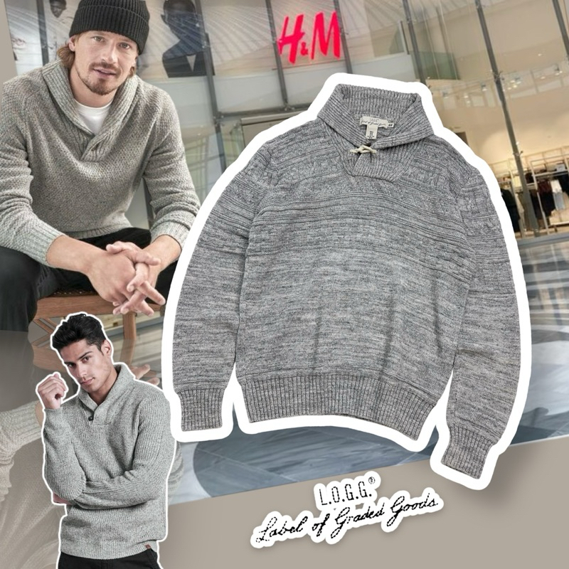 HM L.O.G.G.  Men's GRAY KNIT COTTON Long Sleeve Shawl Sweater