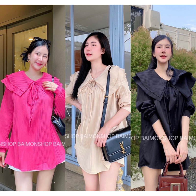 OVP สินค้าพร้อมส่ง มินิเดรสคอปก ผูกโบว์ เสื้อเชิ้ตแขนยาว โชว์หลังแบบเซ็กซี่ เสื้อคอปก