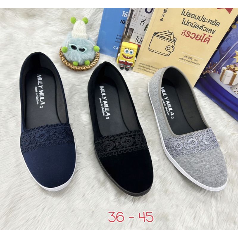 🔥สลิปออนผ้าใบแฟชั่น ไซส์.36 - 45 ส้นแบน ตกแต่งด้วยแถบลูกไม้ด้านหน้า...พร้อมส่ง✅