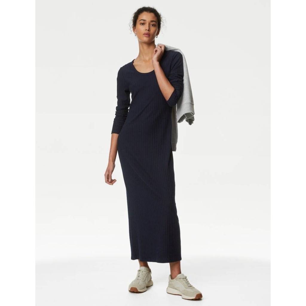 Mark&Spencer Ribbed Midi Column Dress แม็กซี่เดรส แขนยาว ผ้าร่อง ไม่ร้อน ยืดหยุ่นใส่ได้ตลอดค่ะ สีmidnight navy