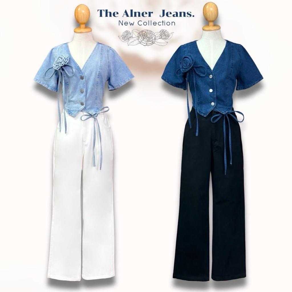 AN625 เซ็ตเสื้อยีนส์แขนตุ๊กตาแต่งดอก+กางเกงขายาว The Alner Women Clothing Lady ผู้หญิง