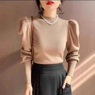เสื้อแขนยาว ไหมพรม คอสูง ผ้าดี สีพื้น ทรงรัดรูป สไตส์เกาหลี
