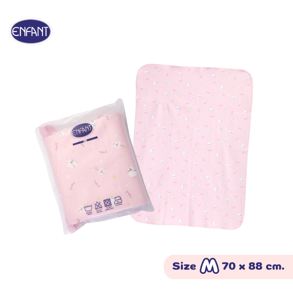 ENFANT (อองฟองต์) ผ้ารองกันน้ำ Crytal Velvet (ผ้ากำมะหยี่นุ่ม) สีชมพู ลายน้องแกะ น่ารัก ขนาด (M) 70x88 ซม.