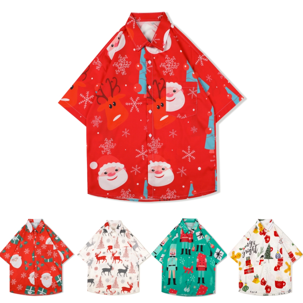 เสื้อเชิ้ตแขนสั้นคริสมาสต์ เสื้อChristmasลายน่ารัก ใส่ได้ทุกเพศทุกวัย