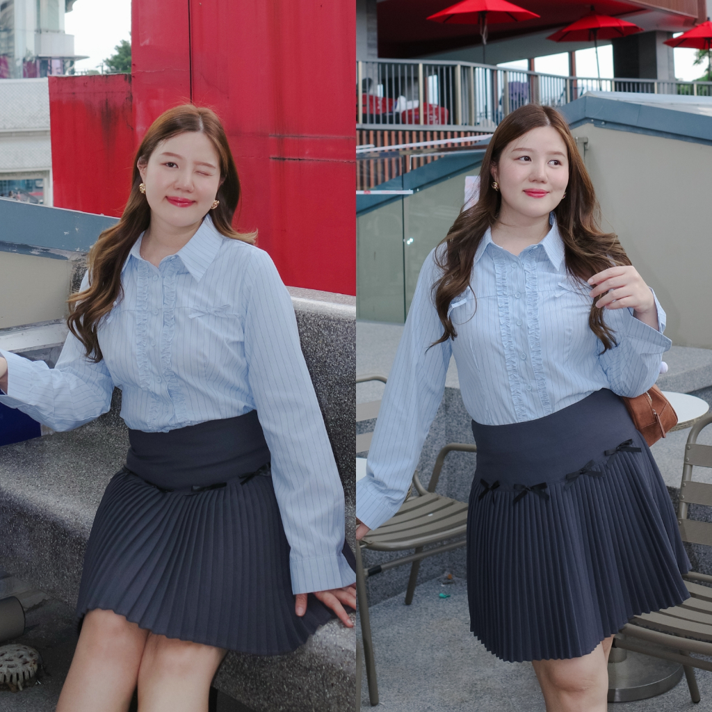 ( อกถึง 47") Top Striped Polo Collar เสื้อสาวอวบ เสื้อเชิร์ต