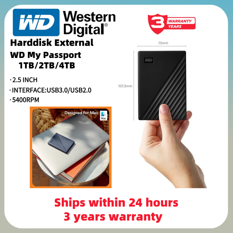 4TB/2TB/1TB Western Digital HDD External Harddisk ฮาร์ดดิสพกพา รุ่น My Passport ความจุ WD USB3.2Gen1