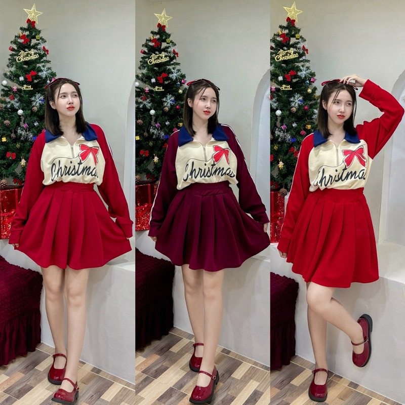 ชุดเชตลาย Christmasแขนยาวคอปก+กระโปรงจีบรอบมีชับใน
