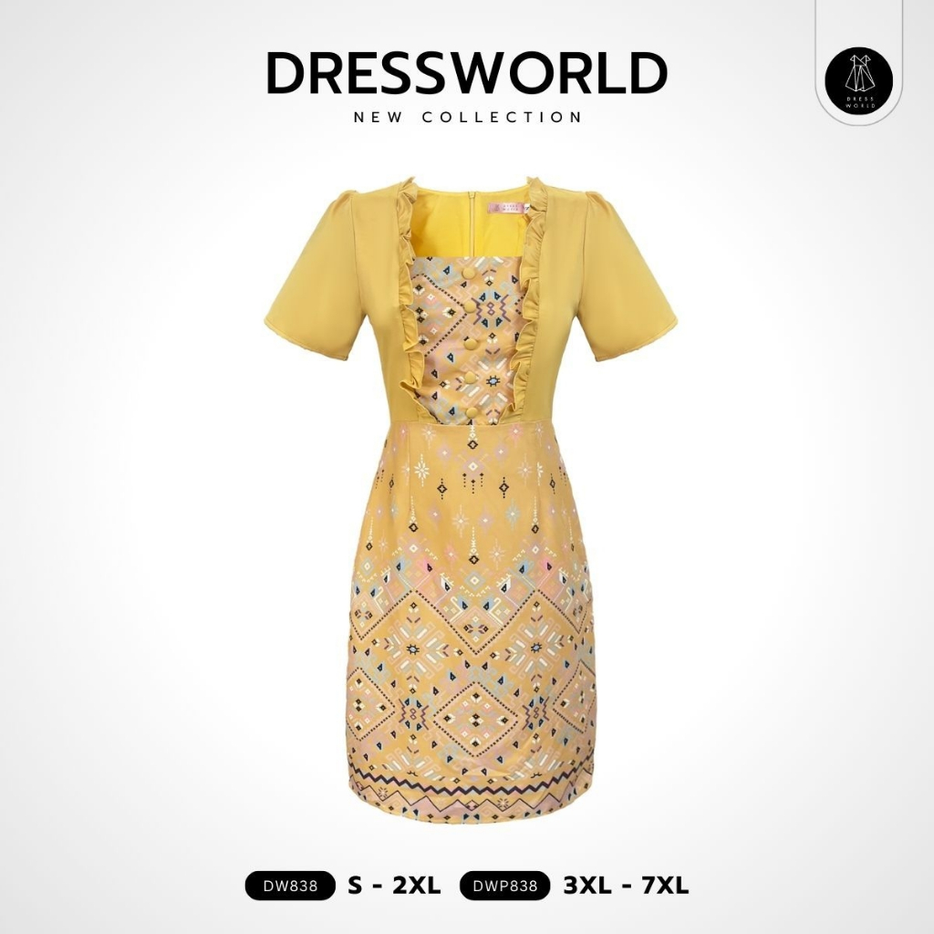 {S-7XL} 838 งานป้าย Dress World ชุดเดรสสั้น ผ้าไทยระบายอก แต่งกระดุม รีบจับจองกันเลยนะคะ