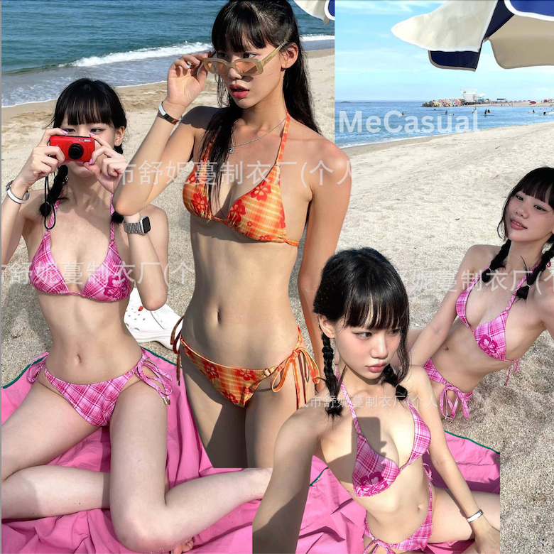 (พร้อมส่ง) Lilly Bikini บิกินี่คล้องคอ ผูกเอว พิมพ์ลายสก็อตดอกลิลลี่ น่ารักมาก มี 2สี ชมพู ส้ม