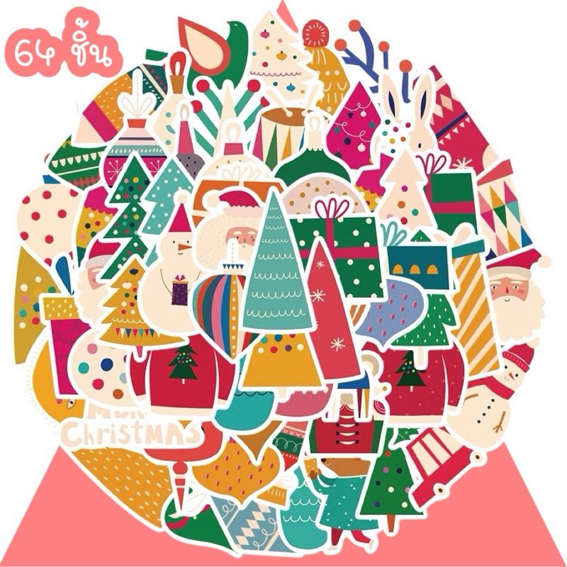 ʕ •ᴥ•ʔ สติกเกอร์ Merry Christmas 346 คริสต์มาส 64ชิ้น กันน้ำ ซานตาคลอส Santa Claus Merry Christmas Xmas snowman สโนว์