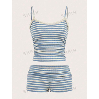 (Pre-Order) ชุดเซ็ทกางเกงขาสั้น เสื้อสายเดี่ยว (ชมพูลาย M พร…